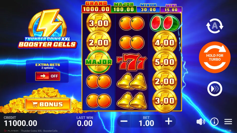 Thunder Coins XXL: BoosterCells base game with Coin symbols on reels 1 and 3