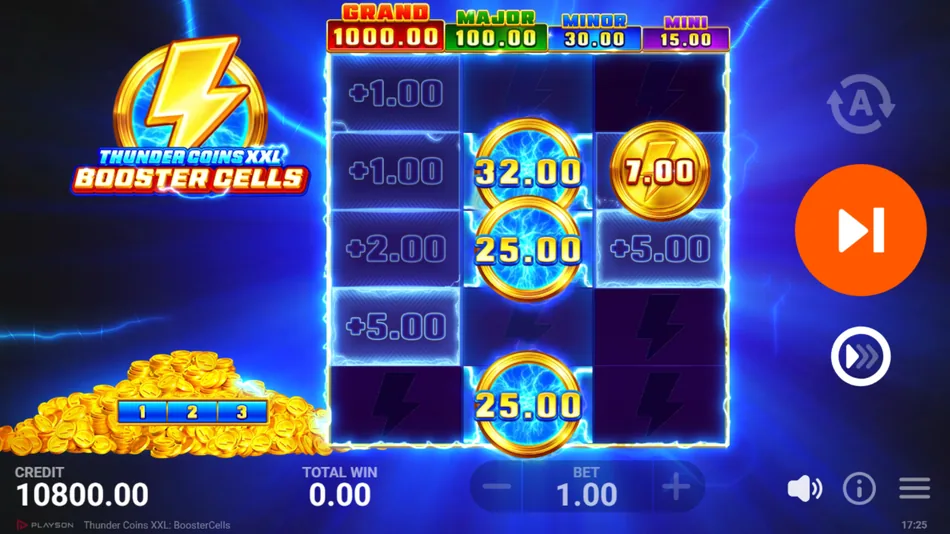 BoosterCells bonus respin screen showing stacked coin values on the grid
