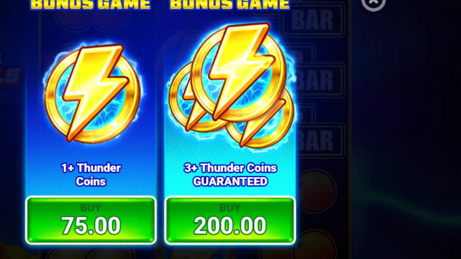 Super Buy Bonus Game confirmation screen marked with 3 guaranteed Thunder Coins
