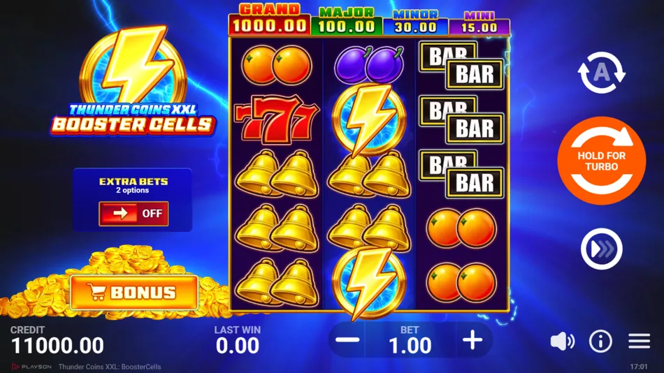 Thunder Feature coin collection screen with Thunder Coin on reel 2 and highlighted payout total